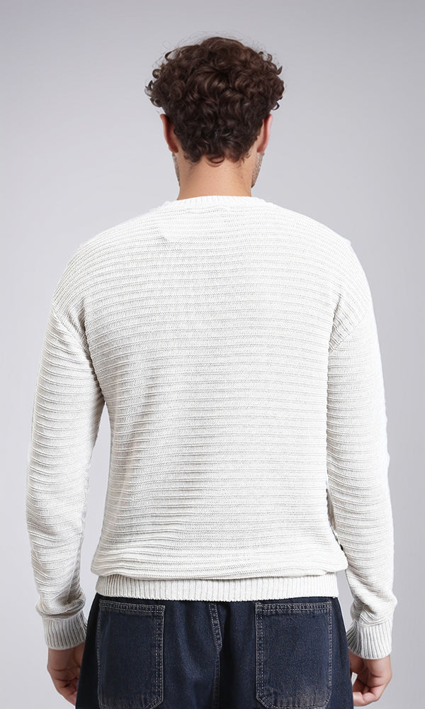 R212603 - Striped Round Neck Basic Pullover - Off-White