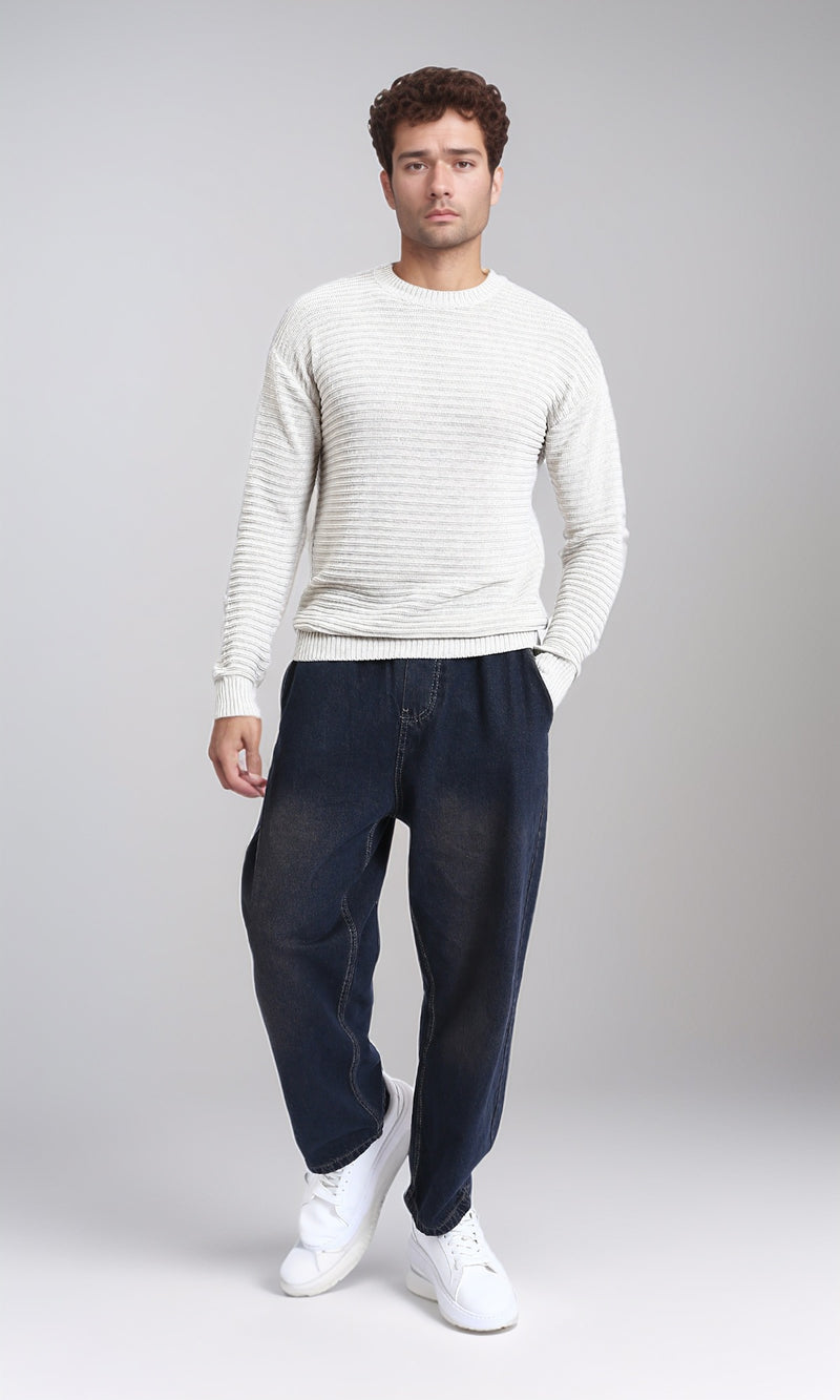 R212603 - Striped Round Neck Basic Pullover - Off-White