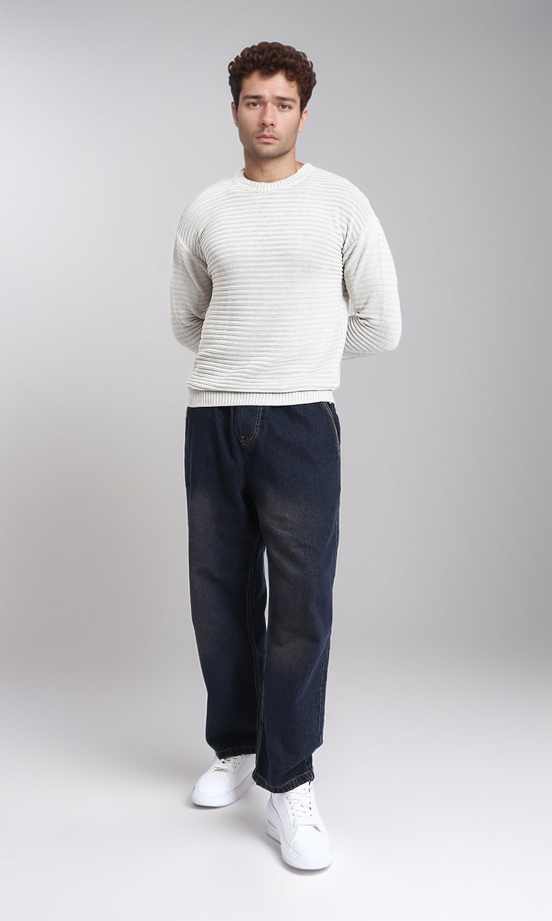 R212603 - Striped Round Neck Basic Pullover - Off-White