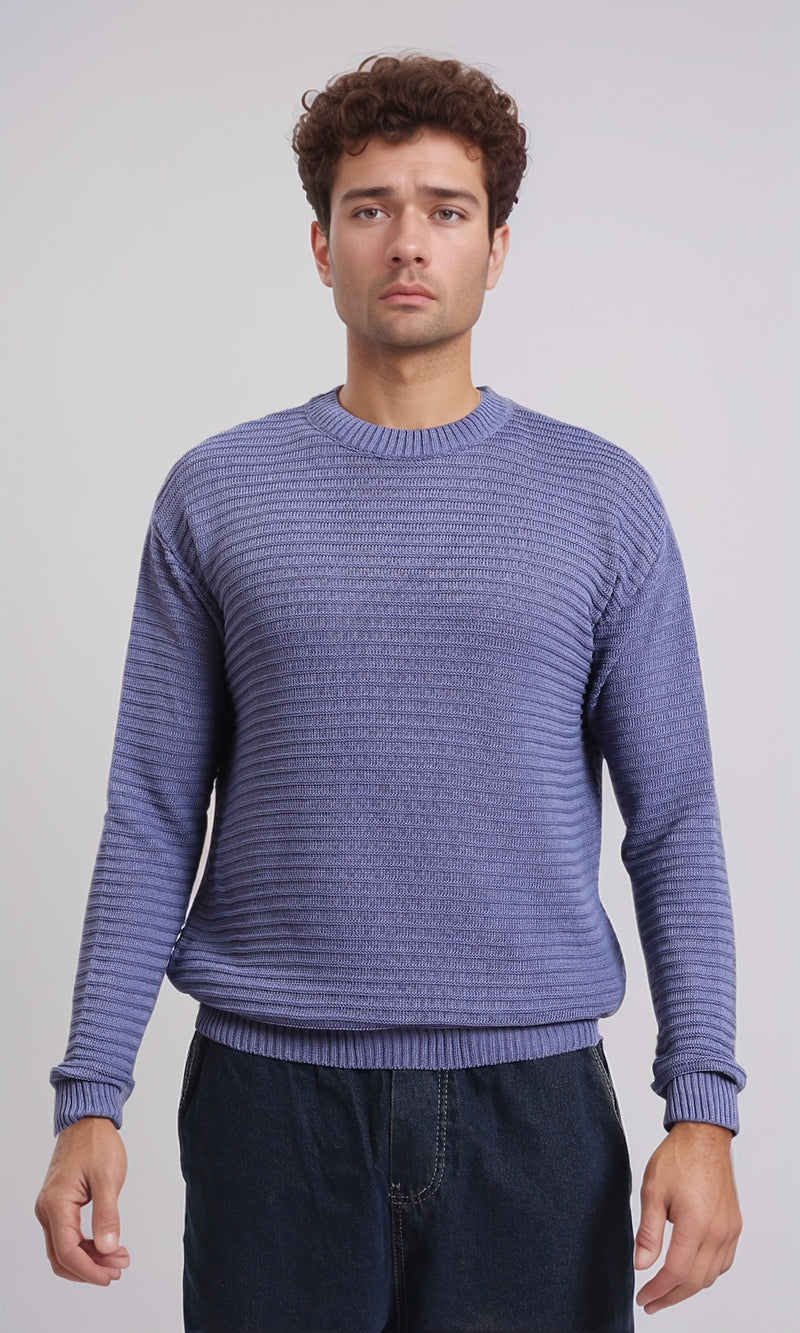 R212604 - Striped Round Neck Basic Pullover - Dusty Blue