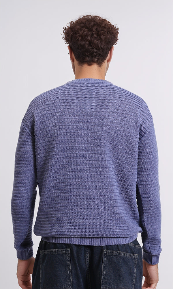 R212604 - Striped Round Neck Basic Pullover - Dusty Blue