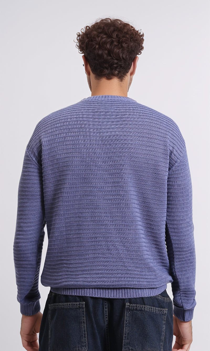 R212604 - Striped Round Neck Basic Pullover - Dusty Blue