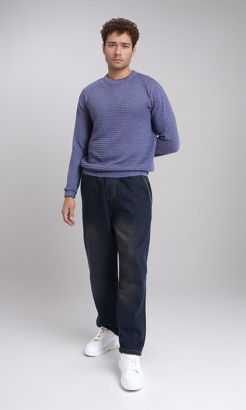 R212604 - Striped Round Neck Basic Pullover - Dusty Blue