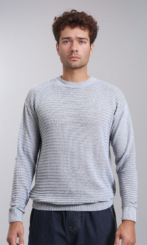 R212605 - Striped Round Neck Basic Pullover - Grey