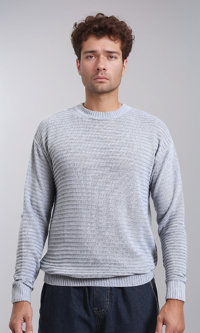 R212605 - Striped Round Neck Basic Pullover - Grey