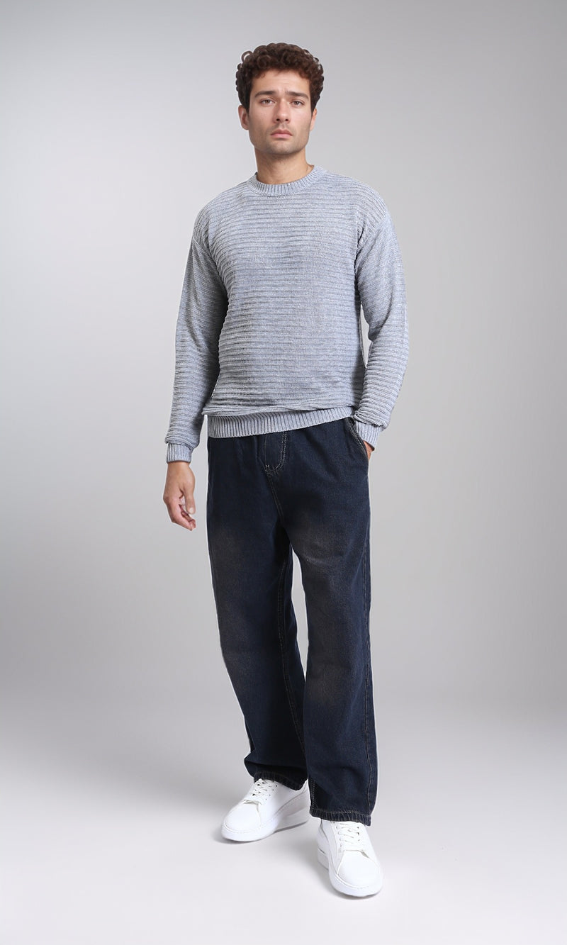 R212605 - Striped Round Neck Basic Pullover - Grey