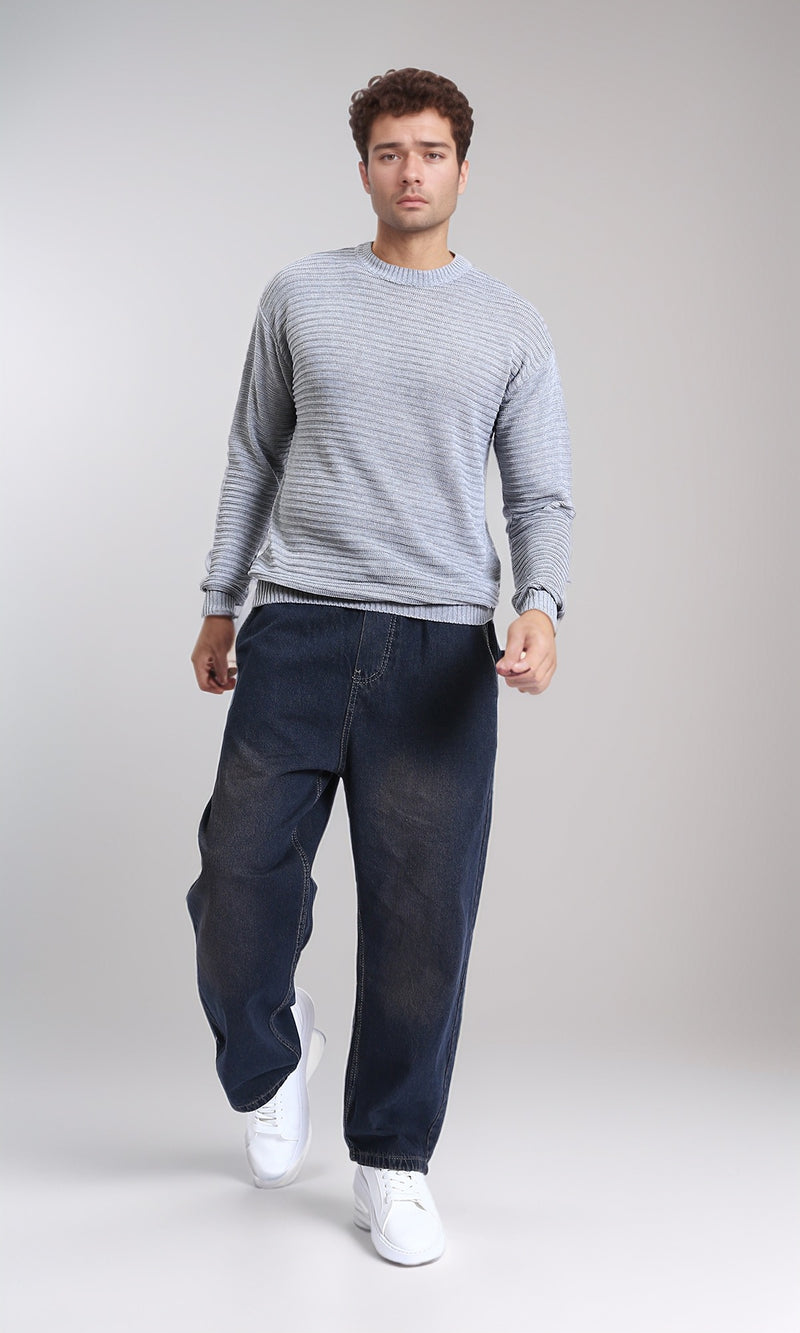 R212605 - Striped Round Neck Basic Pullover - Grey