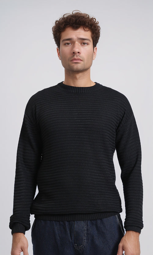 R212606 - Striped Round Neck Basic Pullover - Black