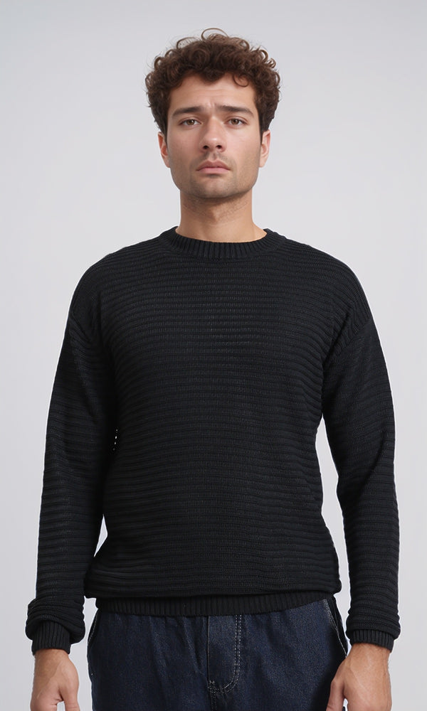 R212606 - Striped Round Neck Basic Pullover - Black