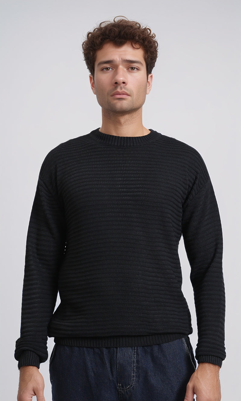 R212606 - Striped Round Neck Basic Pullover - Black