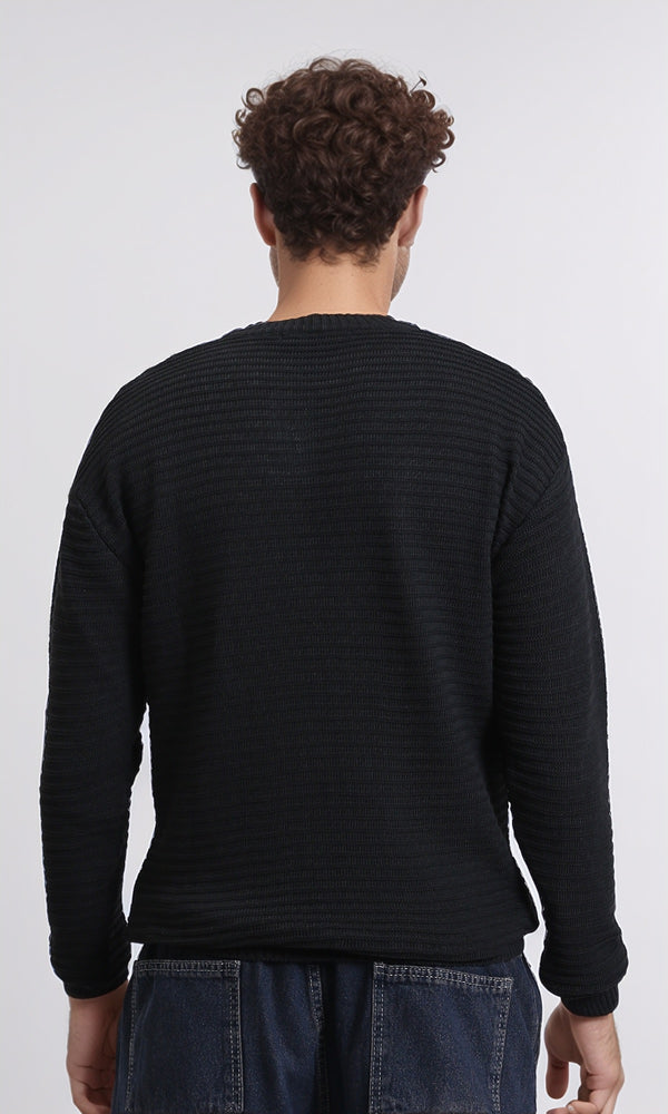 R212606 - Striped Round Neck Basic Pullover - Black