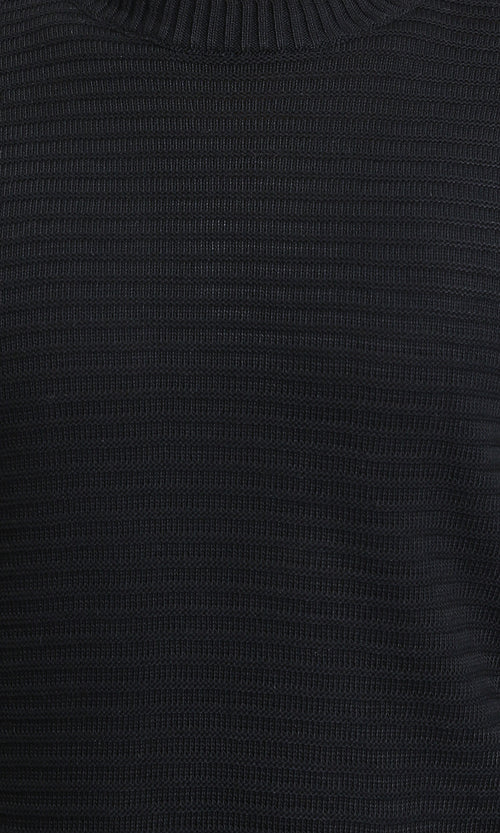 R212606 - Striped Round Neck Basic Pullover - Black