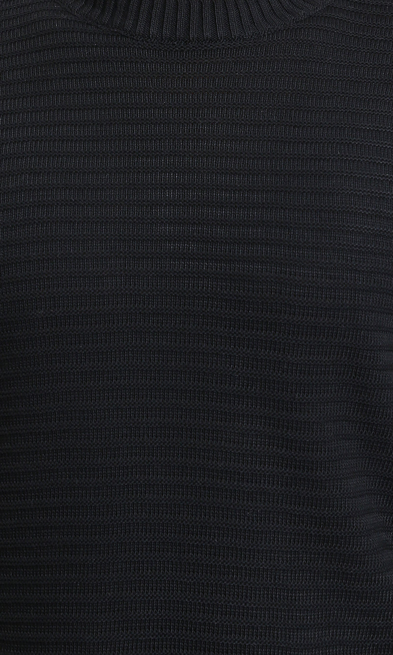 R212606 - Striped Round Neck Basic Pullover - Black