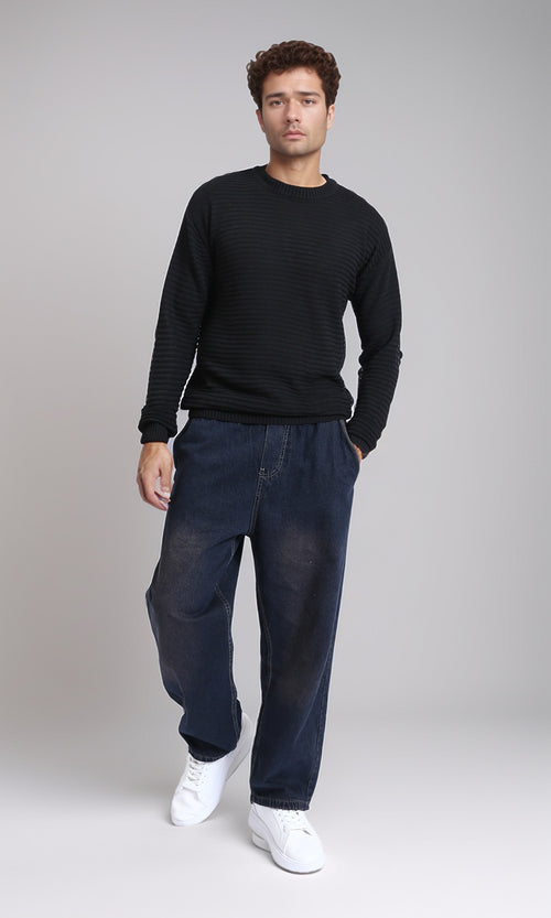 R212606 - Striped Round Neck Basic Pullover - Black