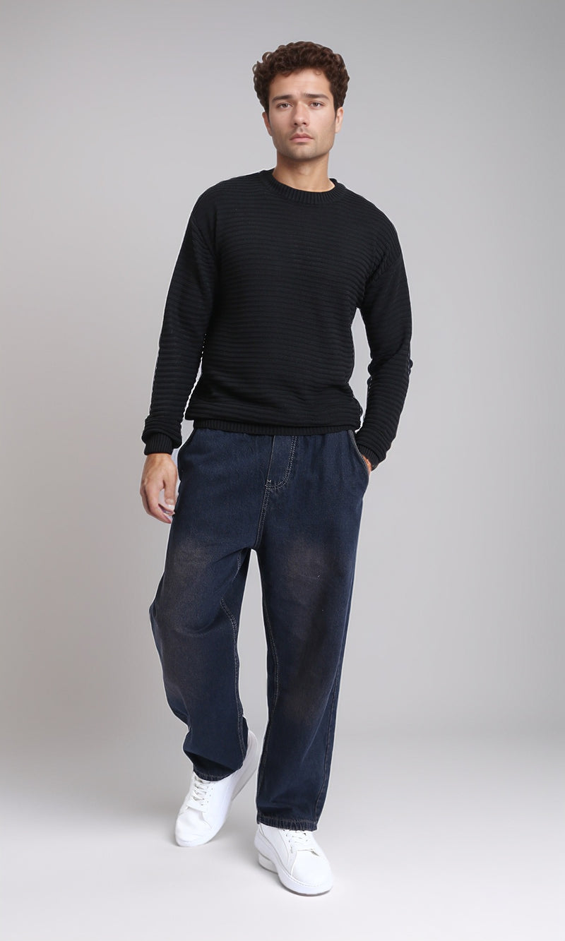 R212606 - Striped Round Neck Basic Pullover - Black