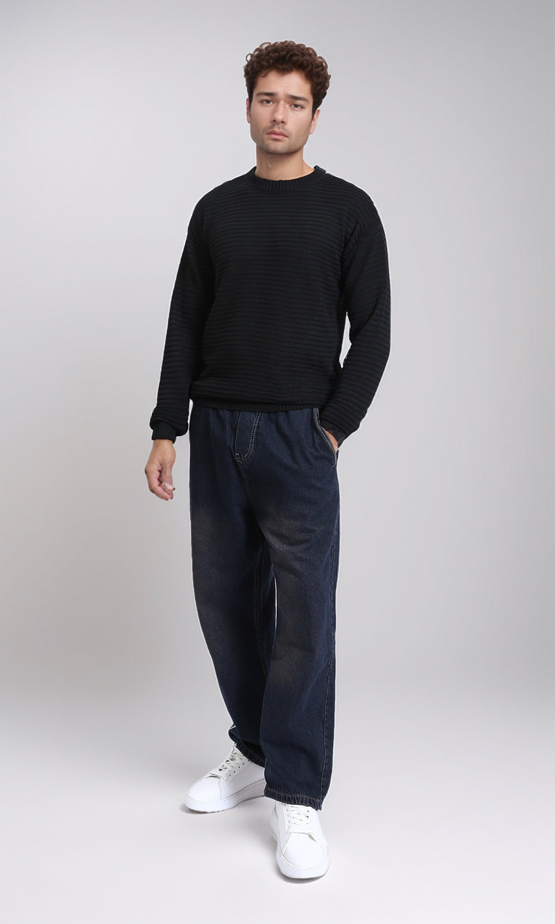 R212606 - Striped Round Neck Basic Pullover - Black