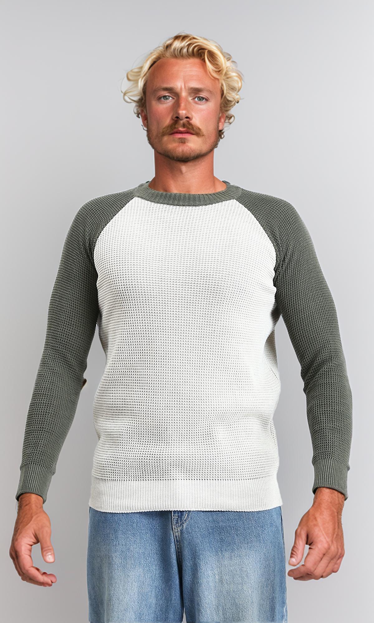 Bi-Tone Self Pattern Pullover - Olive & White