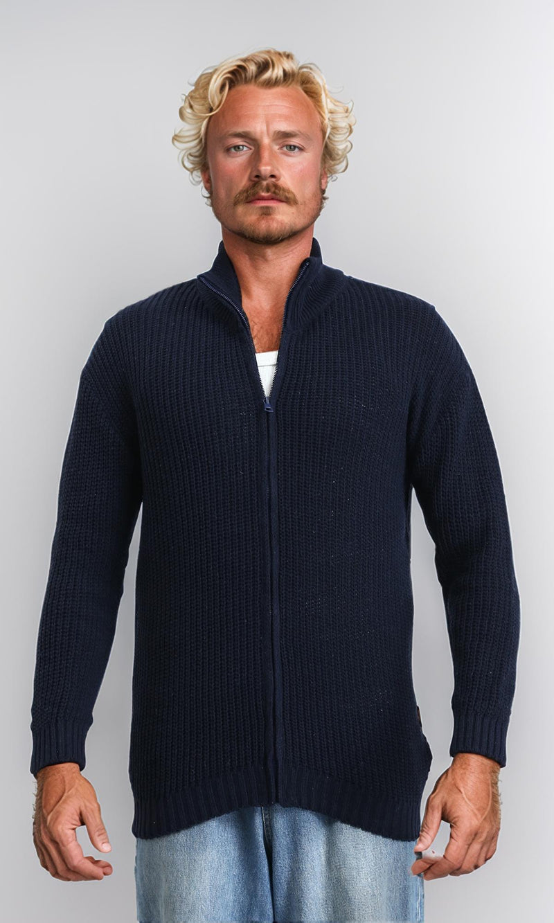 R212611 - Zipper Through Neck Knitted Sweater - Navy Blue