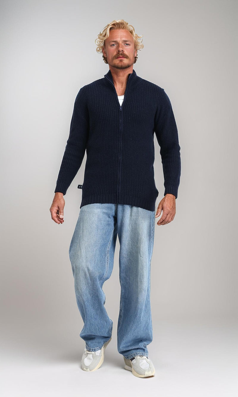 R212611 - Zipper Through Neck Knitted Sweater - Navy Blue