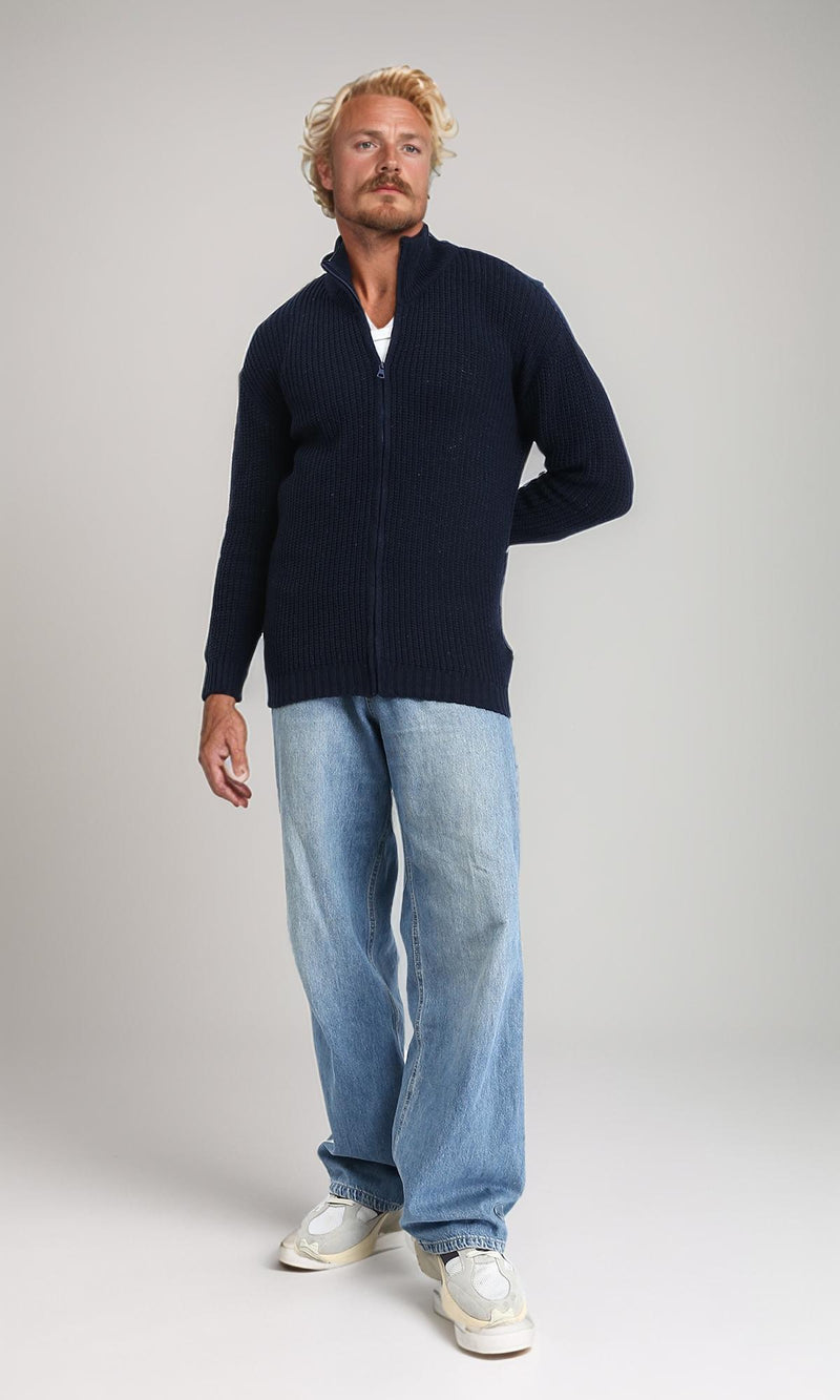 R212611 - Zipper Through Neck Knitted Sweater - Navy Blue