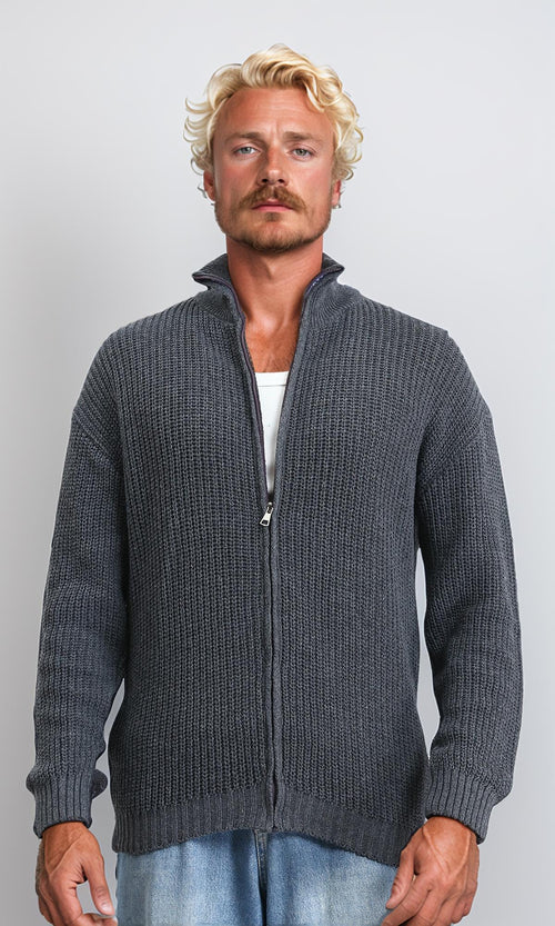 R212612 - Zipper Through Neck Knitted Sweater - Heather Dark Grey