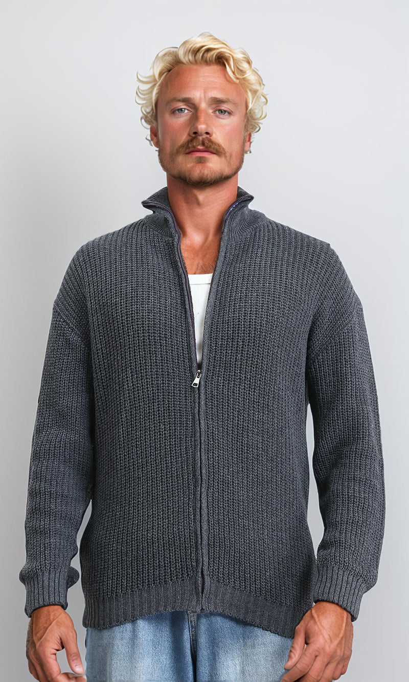 R212612 - Zipper Through Neck Knitted Sweater - Heather Dark Grey