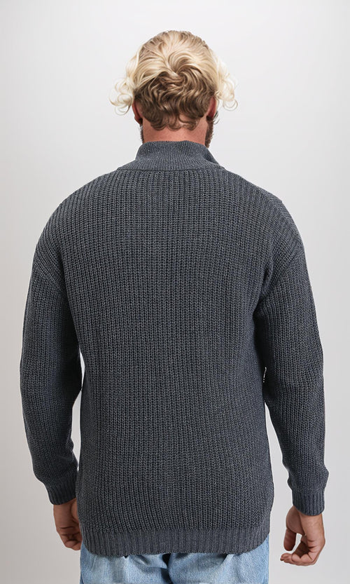 R212612 - Zipper Through Neck Knitted Sweater - Heather Dark Grey