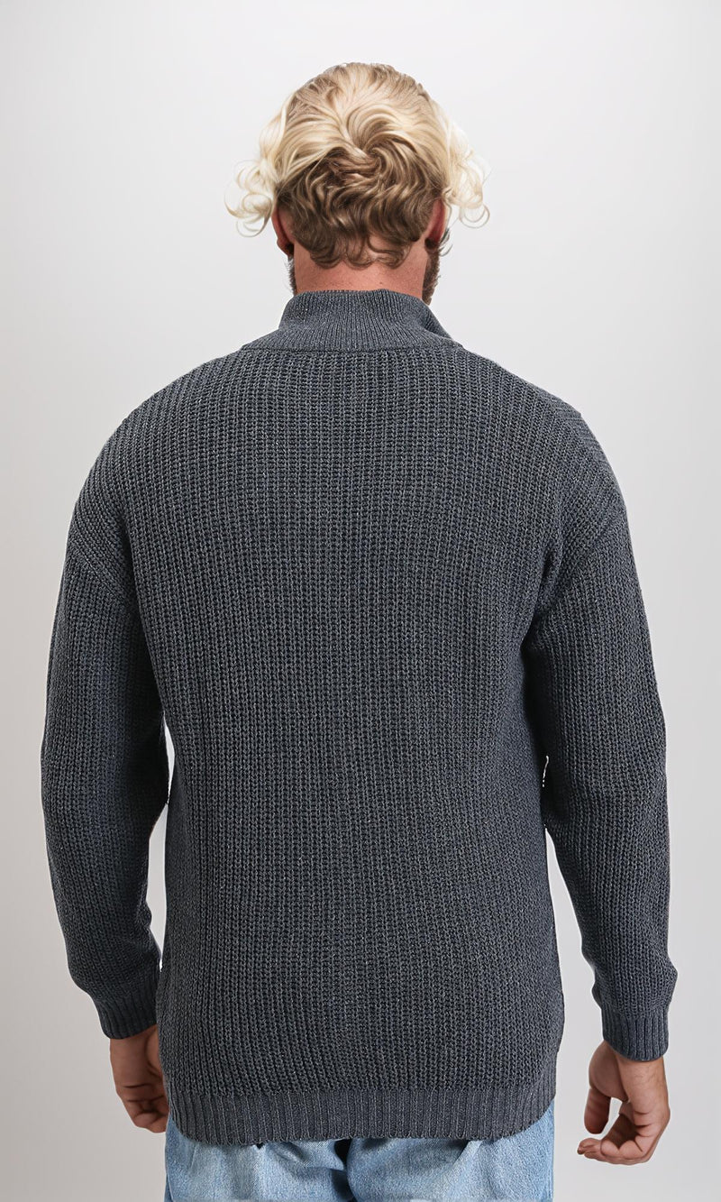 R212612 - Zipper Through Neck Knitted Sweater - Heather Dark Grey