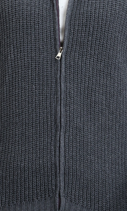 R212612 - Zipper Through Neck Knitted Sweater - Heather Dark Grey