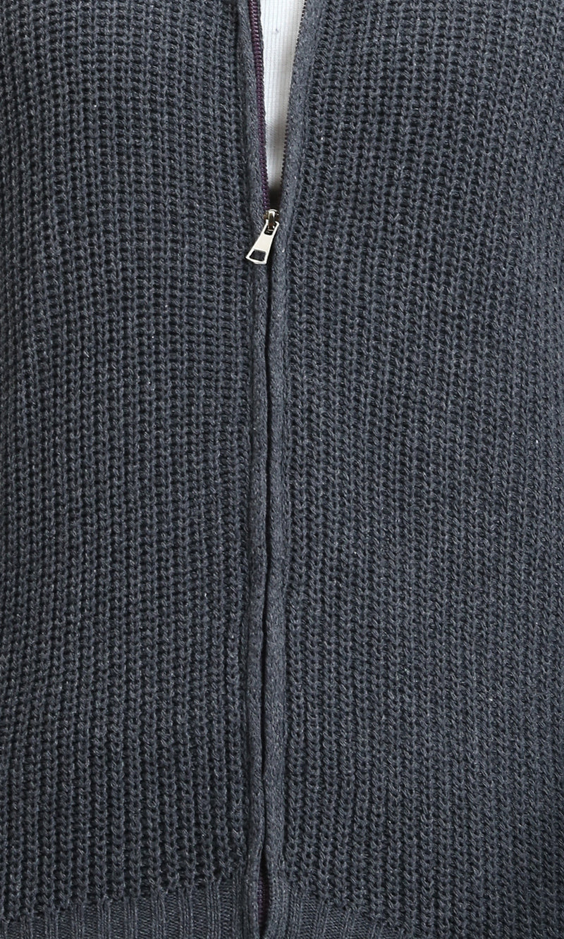R212612 - Zipper Through Neck Knitted Sweater - Heather Dark Grey