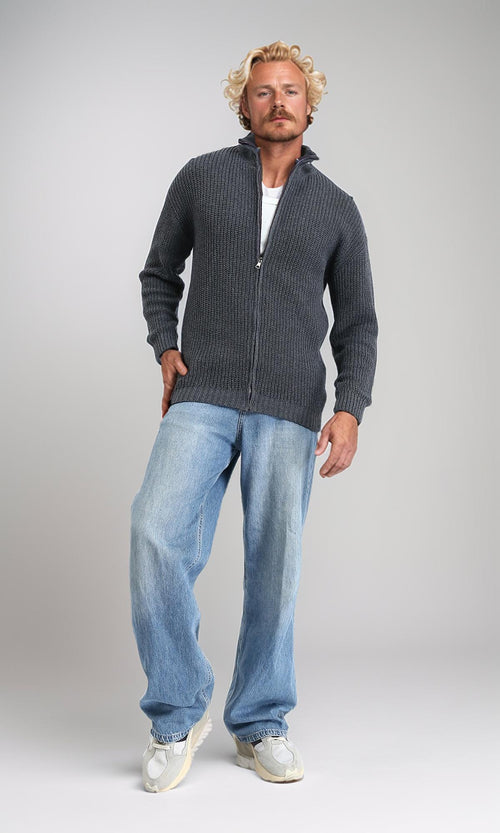 R212612 - Zipper Through Neck Knitted Sweater - Heather Dark Grey