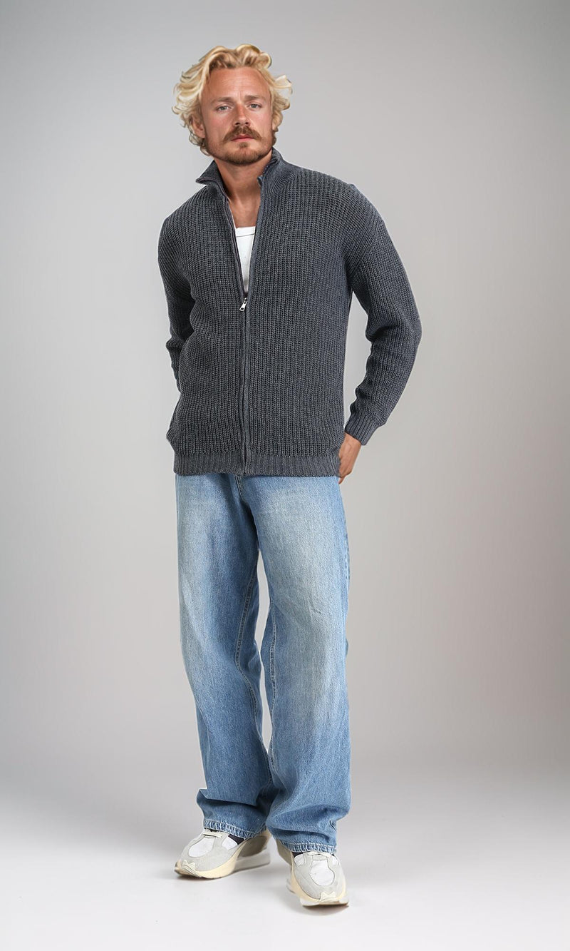 R212612 - Zipper Through Neck Knitted Sweater - Heather Dark Grey