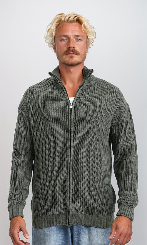 R212613 - Zipper Through Neck Knitted Sweater - Light Olive