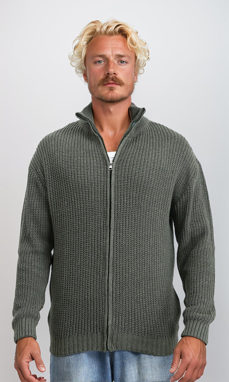 R212613 - Zipper Through Neck Knitted Sweater - Light Olive
