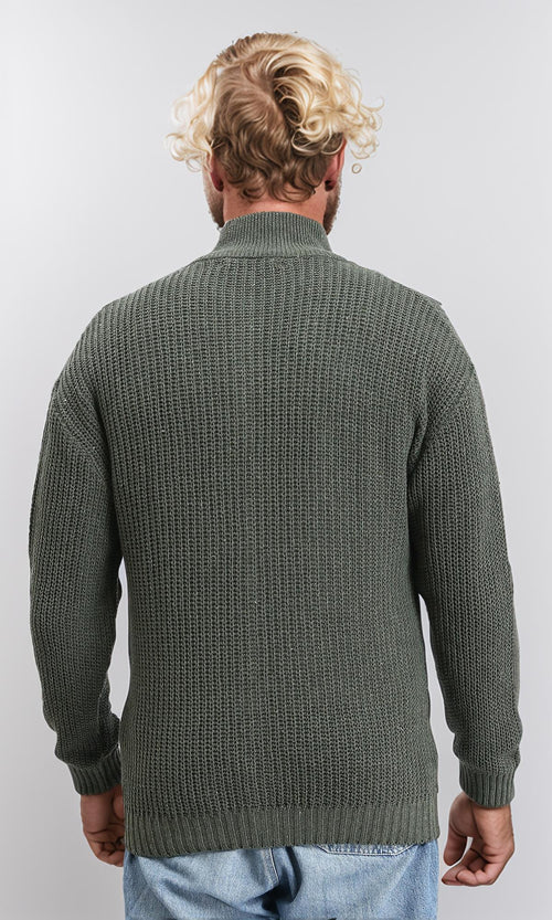 R212613 - Zipper Through Neck Knitted Sweater - Light Olive