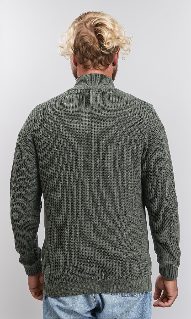 R212613 - Zipper Through Neck Knitted Sweater - Light Olive