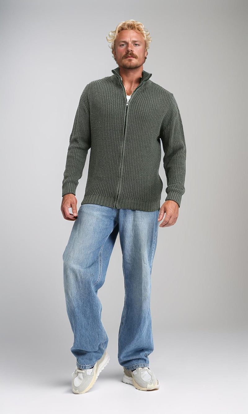 R212613 - Zipper Through Neck Knitted Sweater - Light Olive