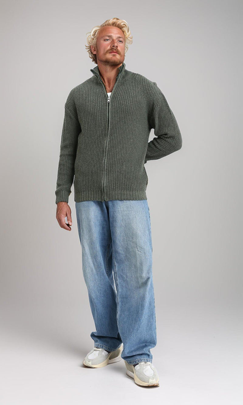R212613 - Zipper Through Neck Knitted Sweater - Light Olive