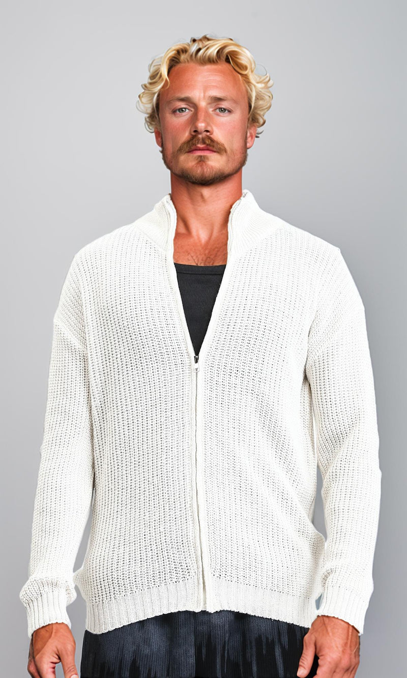 R212614 - Zipper Through Neck Knitted Sweater - Off-White