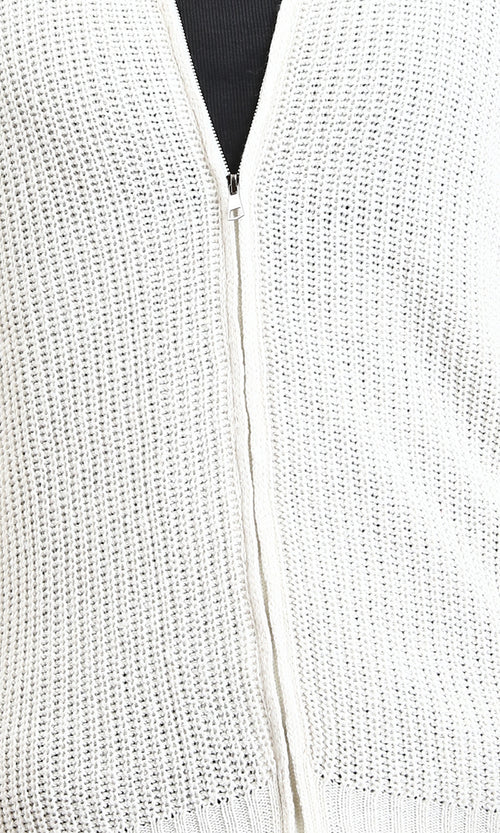 R212614 - Zipper Through Neck Knitted Sweater - Off-White