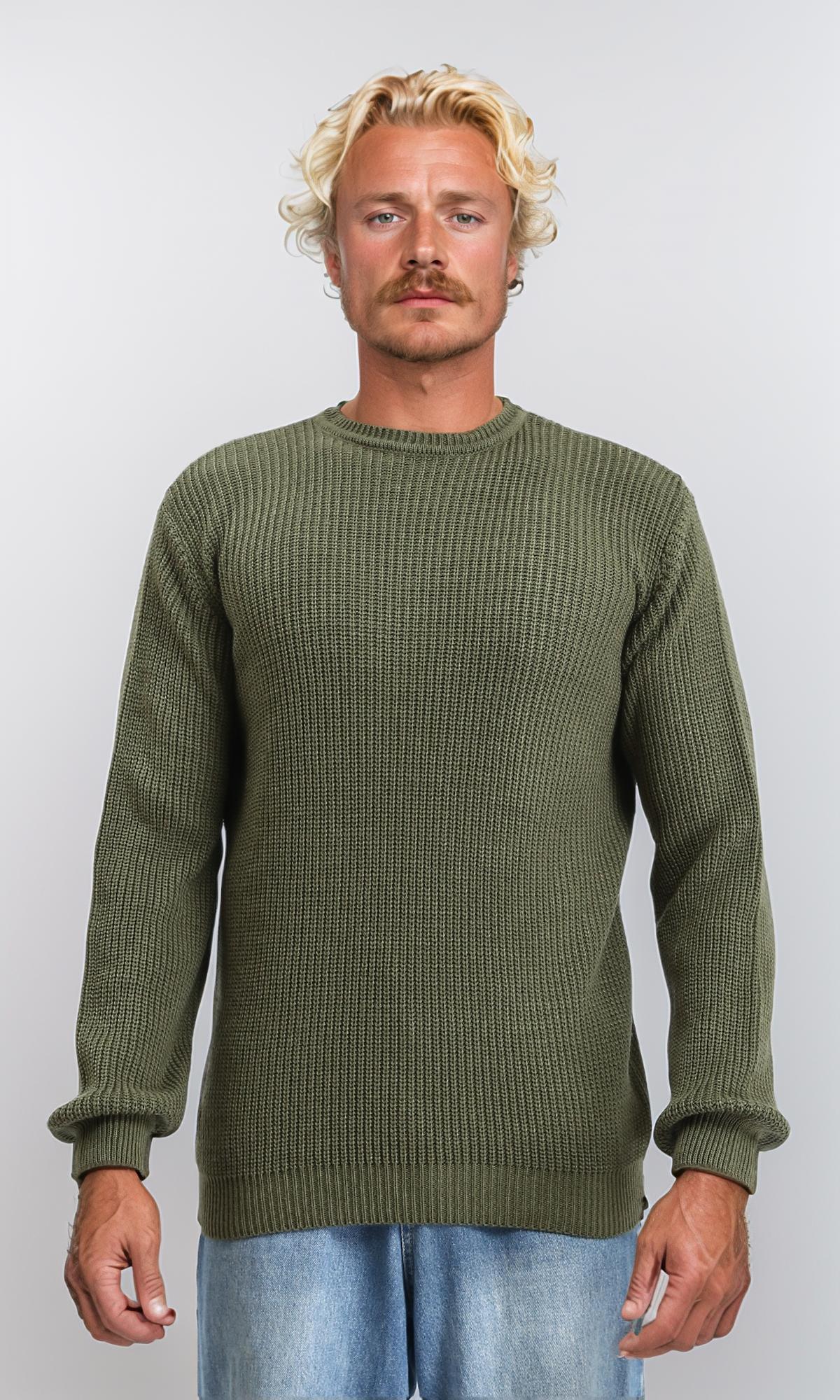Slip On Round Neck Knitted Pullover - Dark Olive