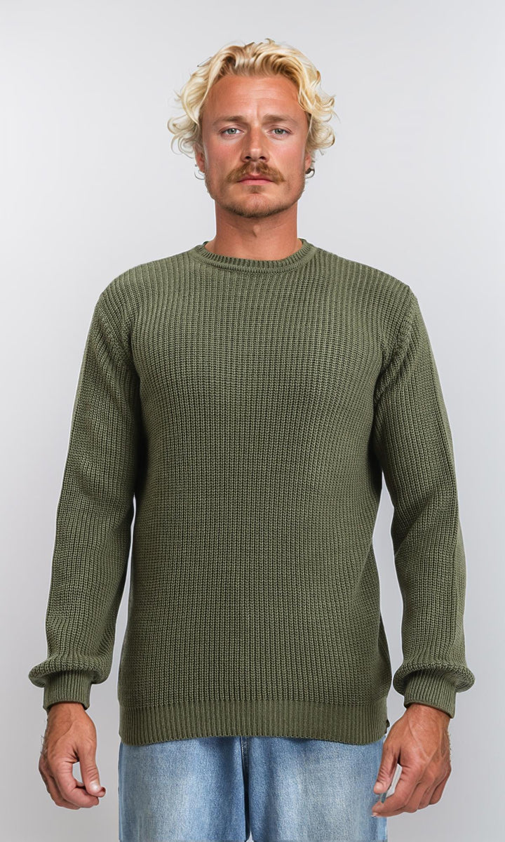 Slip On Round Neck Knitted Pullover - Dark Olive