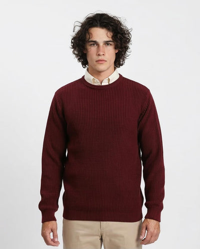 Man wearing a burgundy sweater over a white shirt on a plain background