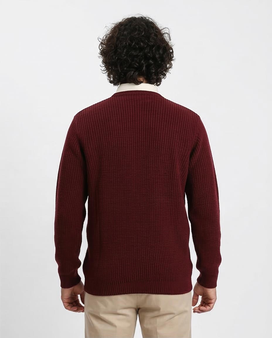 Ravin Men’s Chunky Ribbed Crewneck Knit Sweater – Burgundy - R212618