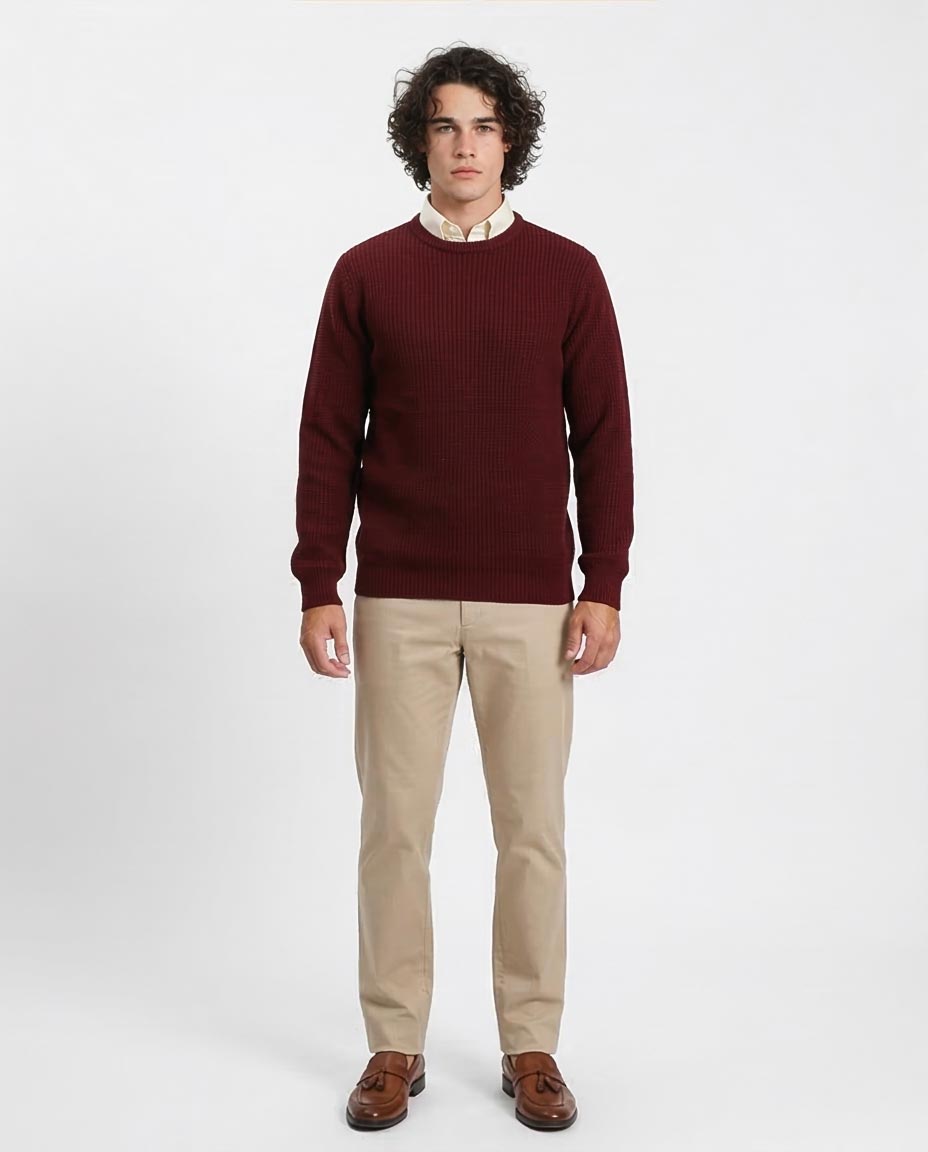Ravin Men’s Chunky Ribbed Crewneck Knit Sweater – Burgundy - R212618