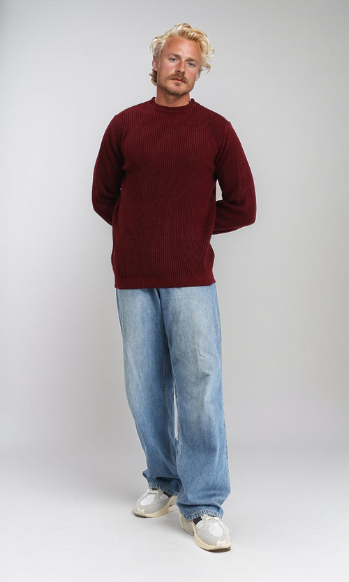 R212618 - Slip On Round Neck Knitted Pullover - Dark Burgundy