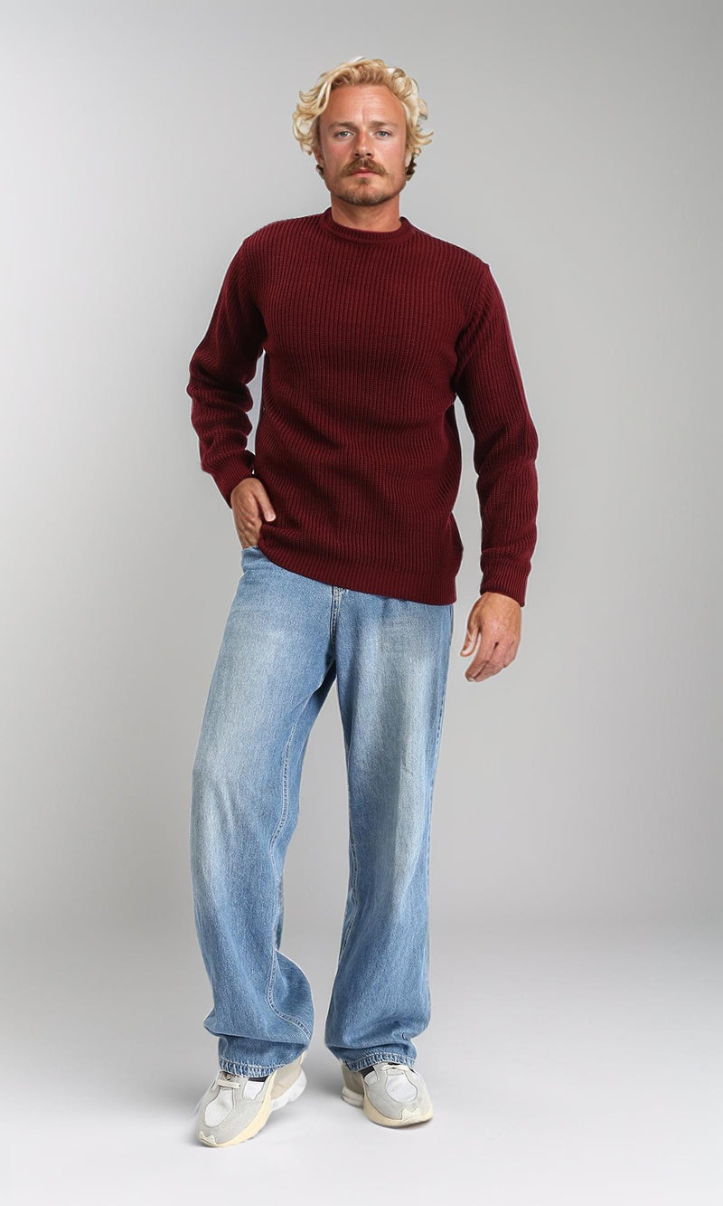 R212618 - Slip On Round Neck Knitted Pullover - Dark Burgundy