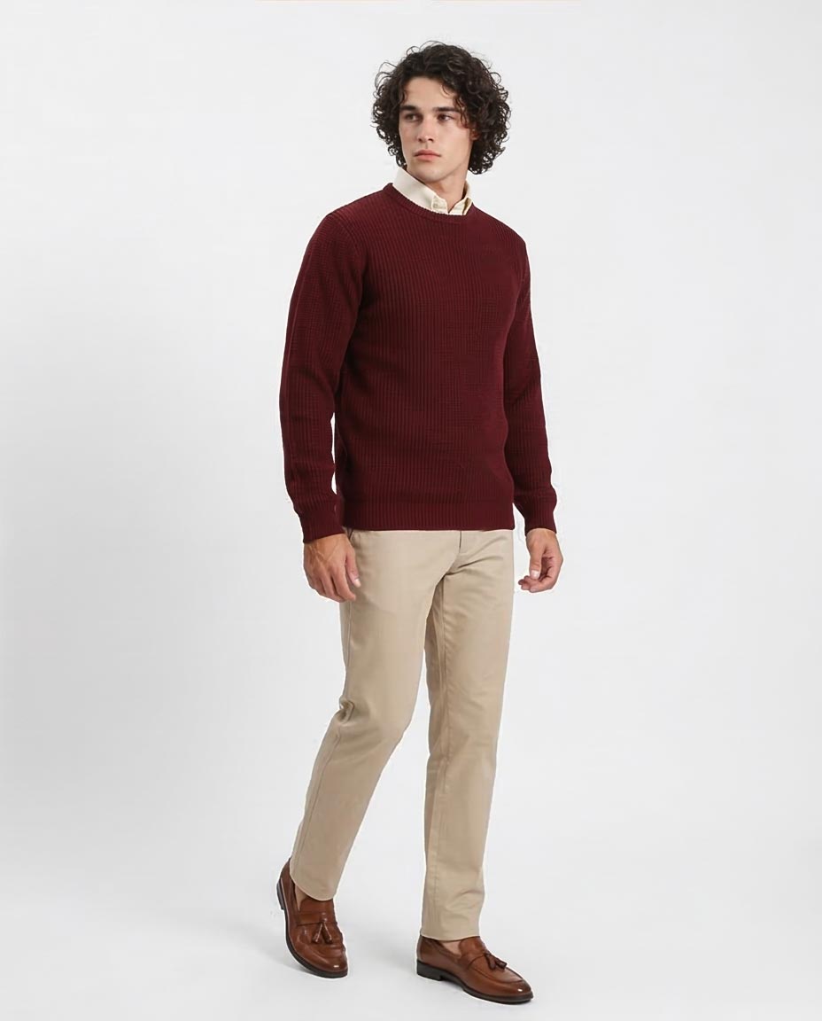 Ravin Men’s Chunky Ribbed Crewneck Knit Sweater – Burgundy - R212618