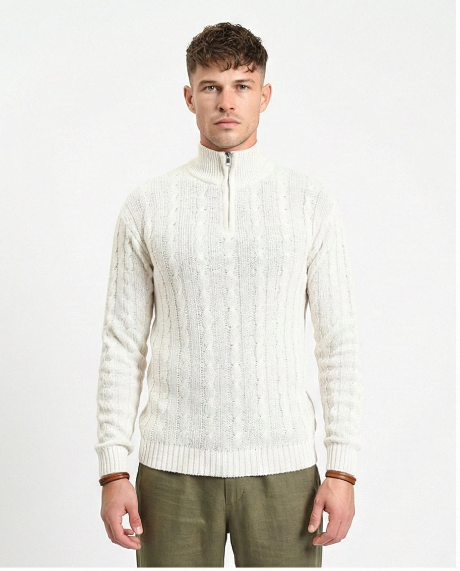 Braided Knit Zipped Winter Sweater - Pastel Beige