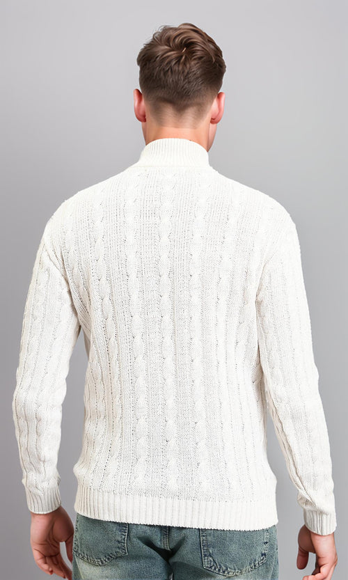 R212619 - Braided Knit Zipped Winter Sweater - Pastel Beige